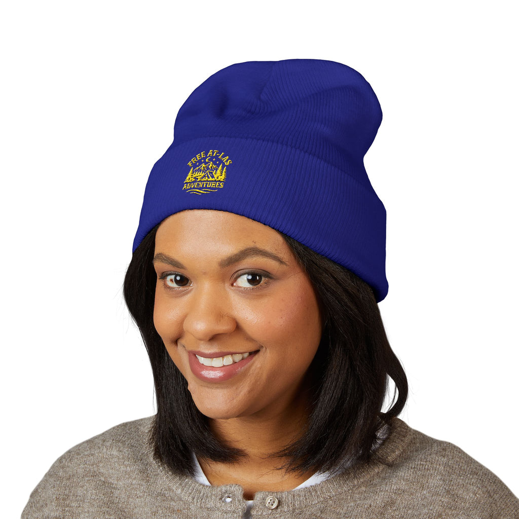 Embroidered Beanie — "Free At-Las Adventures" Cozy Cuffed Knit Hat